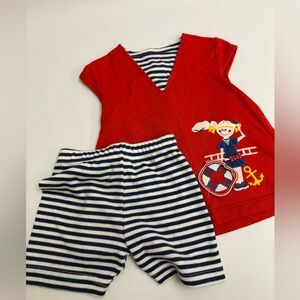 Vintage Nautical Toddler Girls Red Anchor Sailor Tank Top & Shorts Set Size 4T
